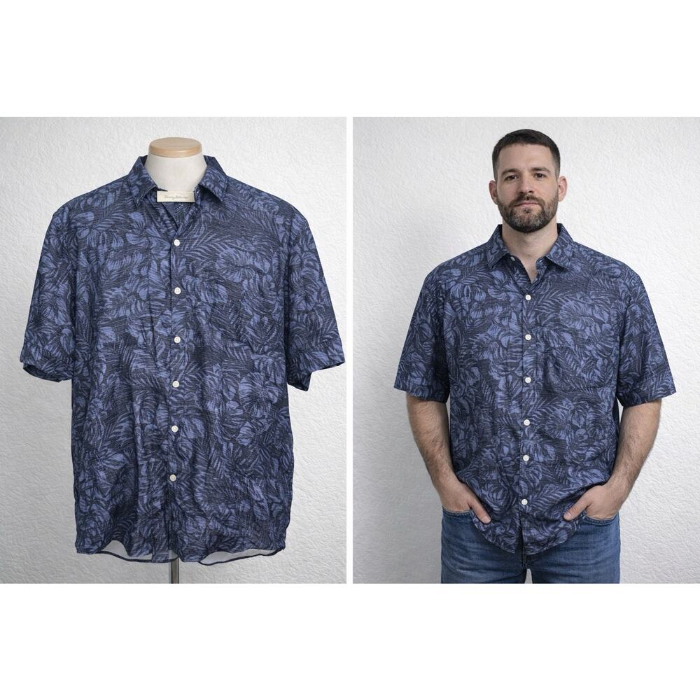 Tommy Bahama Hawaiian Shirt Mens Large Blue Palm Leaf Print Tencel Modal Beach